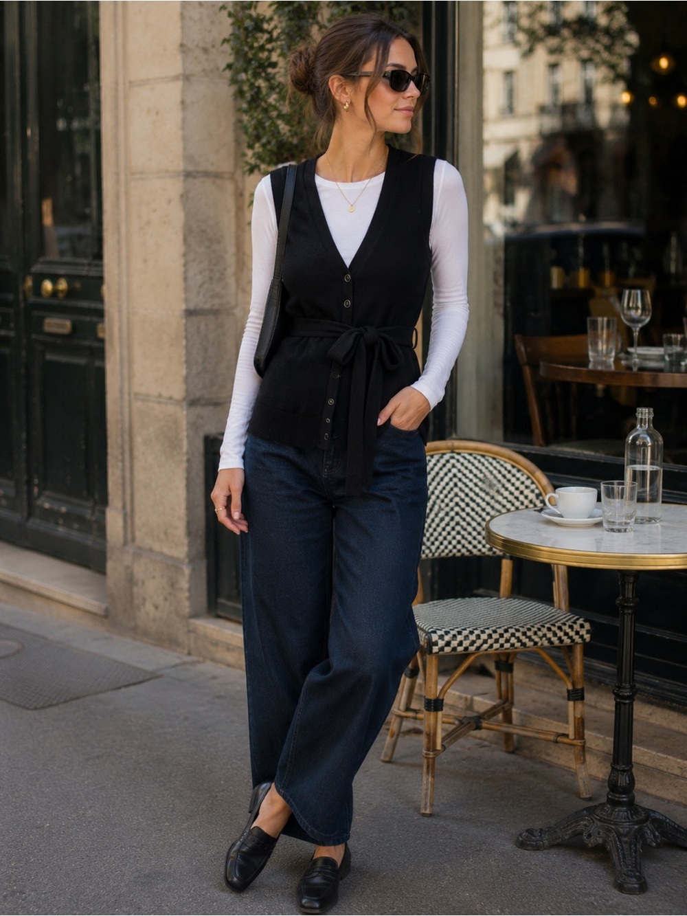 Sandra Angelozzi M 100% Wool Black Button Front Vest Made in Italy Belted